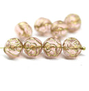 10mm Pink Rose Bud Czech Glass Beads, Gold Inlays