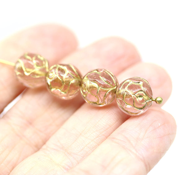 10mm Pink Rose Bud Czech Glass Beads, Gold Inlays
