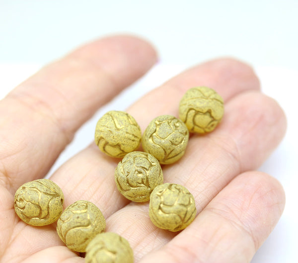 10mm Yellow Rose Bud Czech Glass Beads, Gold Inlays