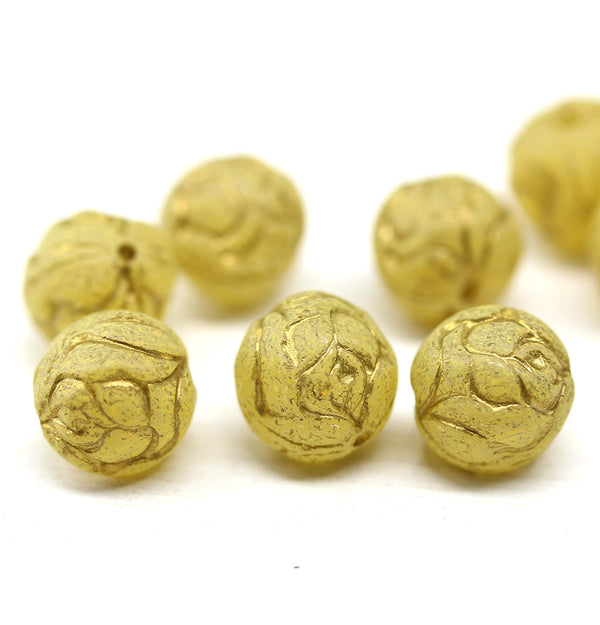 10mm Yellow Rose Bud Czech Glass Beads, Gold Inlays