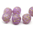 10mm Purple Rose Bud Czech Glass Beads, Gold Inlays 