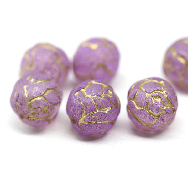 10mm Purple Rose Bud Czech Glass Beads, Gold Inlays 