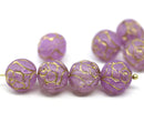 10mm Purple Rose Bud Czech Glass Beads, Gold Inlays 