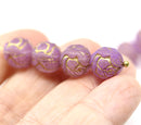10mm Purple Rose Bud Czech Glass Beads, Gold Inlays 