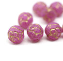 10mm Bright Pink Rose Bud Czech Glass Beads, Gold Inlays 