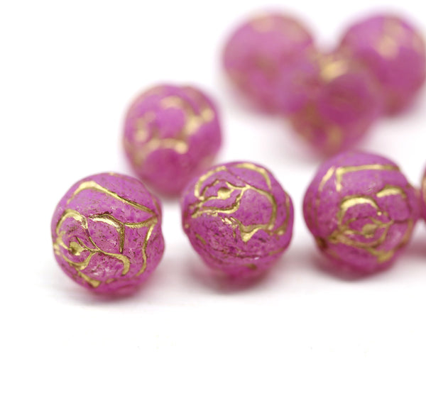 10mm Bright Pink Rose Bud Czech Glass Beads, Gold Inlays 