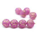 10mm Bright Pink Rose Bud Czech Glass Beads, Gold Inlays 