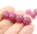 10mm Bright Pink Rose Bud Czech Glass Beads, Gold Inlays 