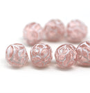 10mm Pink Rose Bud Czech Glass Beads, White Inlays