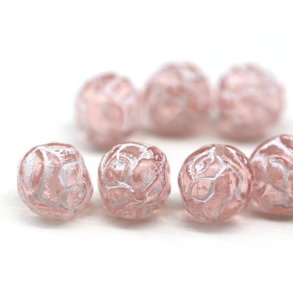 10mm Pink Rose Bud Czech Glass Beads, White Inlays
