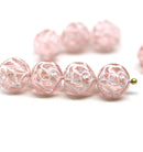 10mm Pink Rose Bud Czech Glass Beads, White Inlays