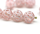 10mm Pink Rose Bud Czech Glass Beads, White Inlays
