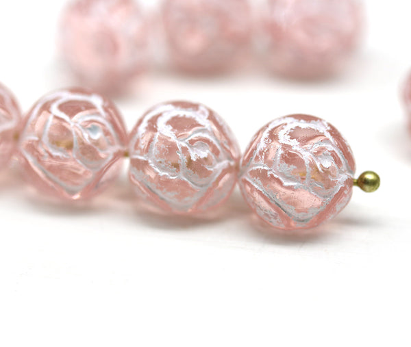10mm Pink Rose Bud Czech Glass Beads, White Inlays