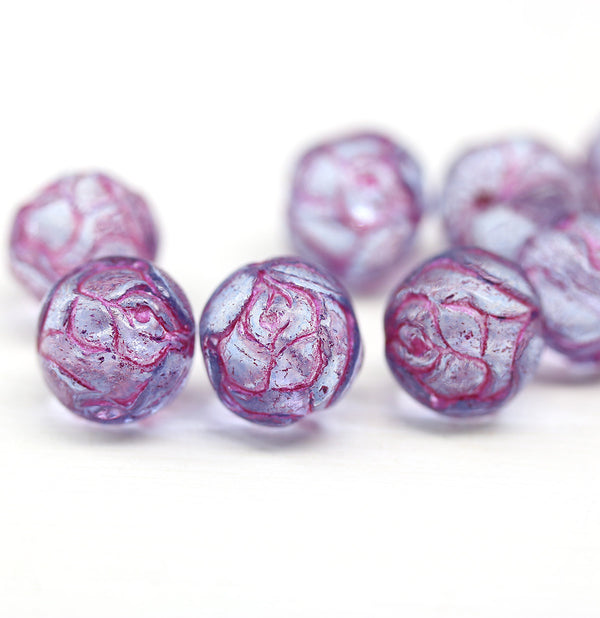 10mm Purple Rose Bud Czech Glass Beads, Pink Inlays