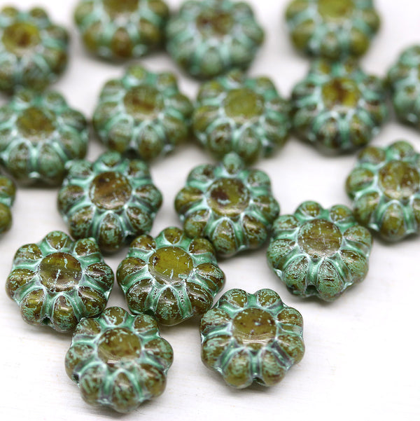 9mm Dark Olive Green Czech glass daisy flower beads 