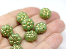 12mm Green puffy pansy flower czech glass, gold wash