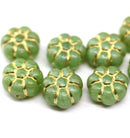 12mm Green puffy pansy flower czech glass, gold wash