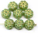 12mm Green puffy pansy flower czech glass, gold wash