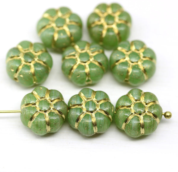 12mm Green puffy pansy flower czech glass, gold wash