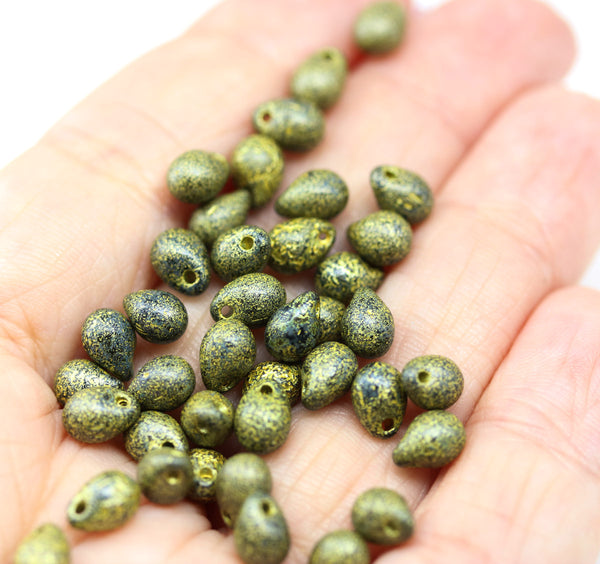 5x7mm Jet Black glass drops, heavy gold wash 40pc