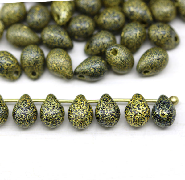 5x7mm Jet Black glass drops, heavy gold wash 40pc