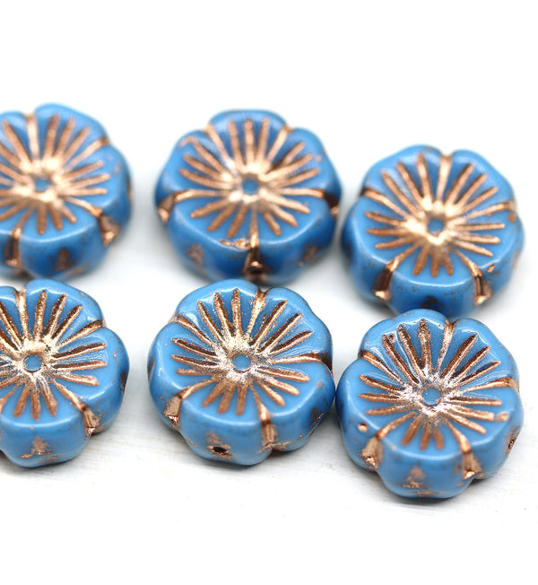 14mm Blue pansy flower, Czech glass flat daisy 