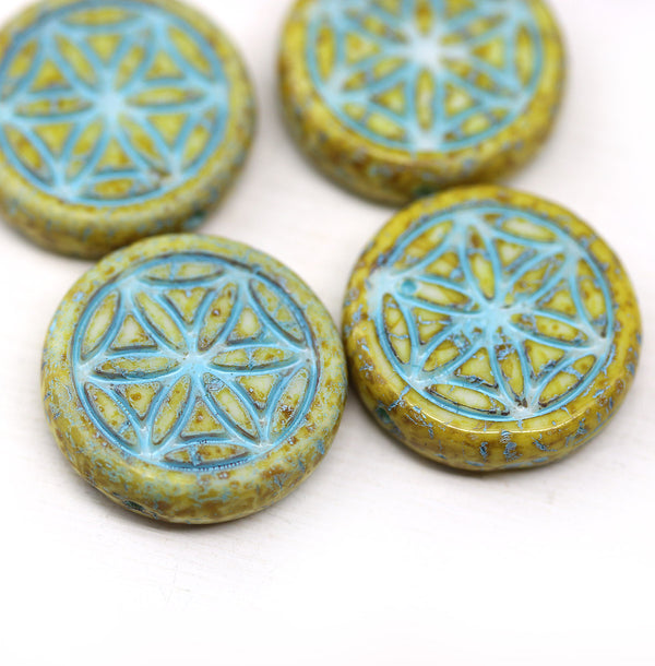 19mm Picasso blue coin czech glass beads 4pc
