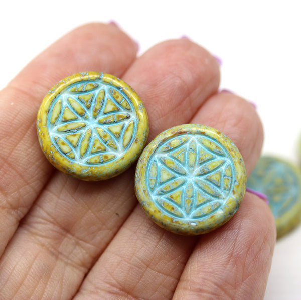 19mm Picasso blue coin czech glass beads 4pc