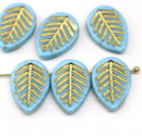 12x16mm Blue czech glass leaf beads Gold wash 