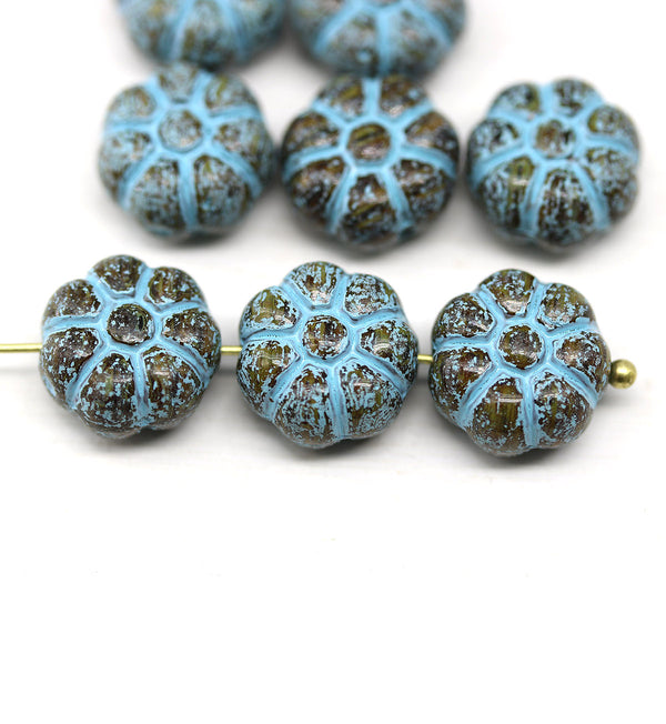 12mm Brown Blue puffy pansy flower czech glass