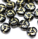 9mm Black flower czech glass gold wash three petal daisy, 20Pc