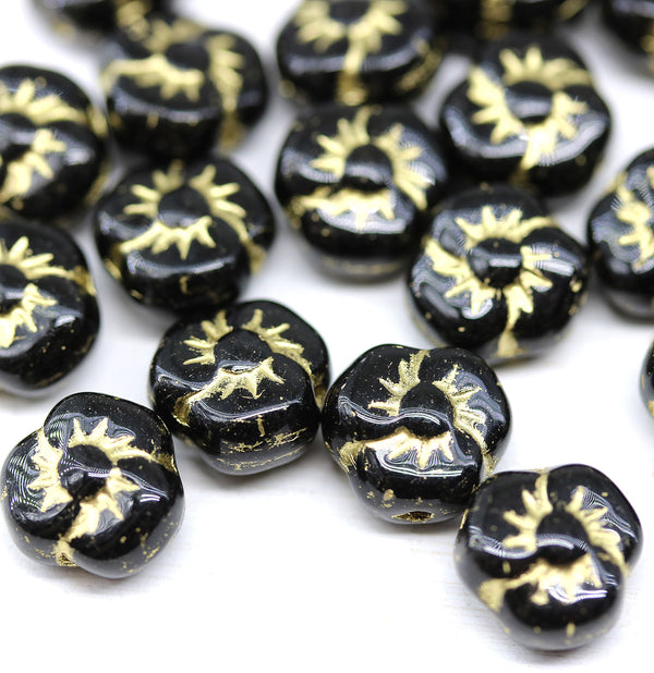 9mm Black flower czech glass gold wash three petal daisy, 20Pc