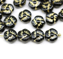 9mm Black flower czech glass gold wash three petal daisy, 20Pc