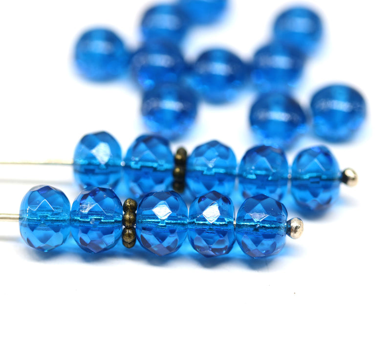 5x7mm Capri blue Czech glass fire polished rondelle beads, 20pc