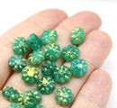 9mm Opal Green Czech glass daisy flower beads Gold wash