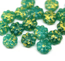 9mm Opal Green Czech glass daisy flower beads Gold wash