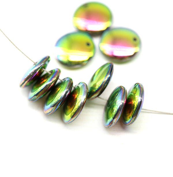 12mm Metallic green lentil czech glass round beads