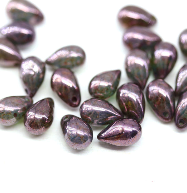 6x9mm Purple luster czech glass teardrop beads 25pc
