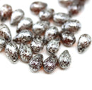 6x9mm Dark topaz czech glass teardrop beads Silver wash 30pc