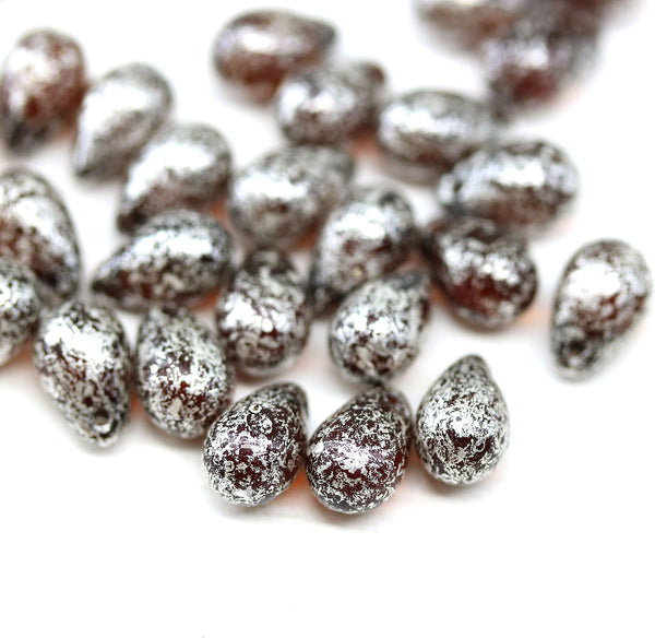 6x9mm Dark topaz czech glass teardrop beads Silver wash 30pc