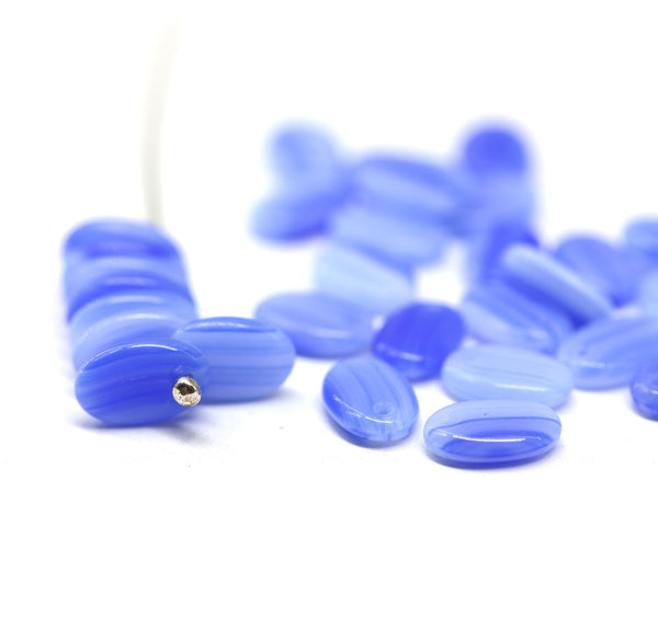 9x6mm Striped blue flat oval lentil czech glass beads, 30Pc