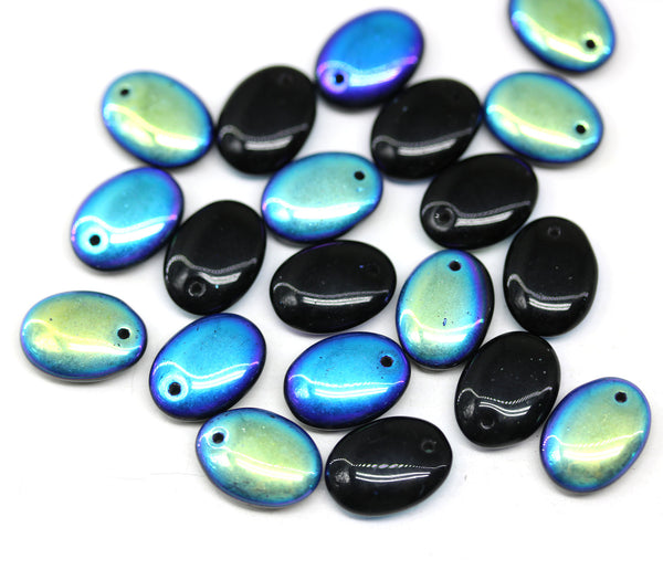 12x9mm Black lentil AB finish Oval flat drop czech glass beads top drilled - 20Pc