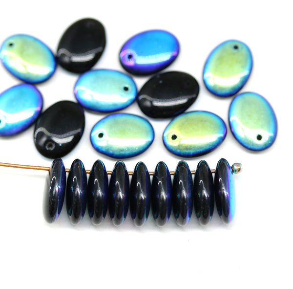 12x9mm Black lentil AB finish Oval flat drop czech glass beads top drilled - 20Pc