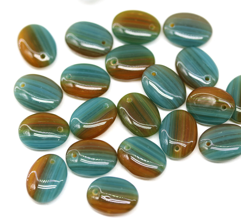 12x9mm Green brown Oval flat drop czech glass beads top drilled - 20Pc