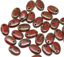 9x6mm Red flat oval lentil czech glass beads, picasso finish, 30Pc