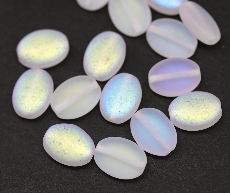 12x9mm Frosted clear oval flat Czech glass pressed beads AB finish, 15Pc