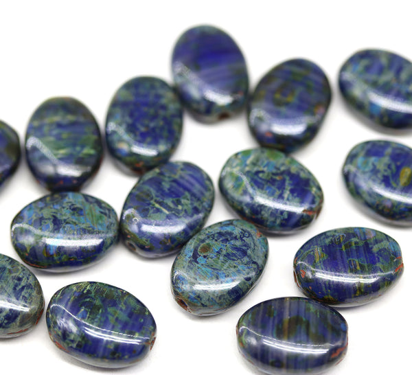 12x9mm Dark blue oval flat Czech glass pressed beads picasso finish, 15Pc