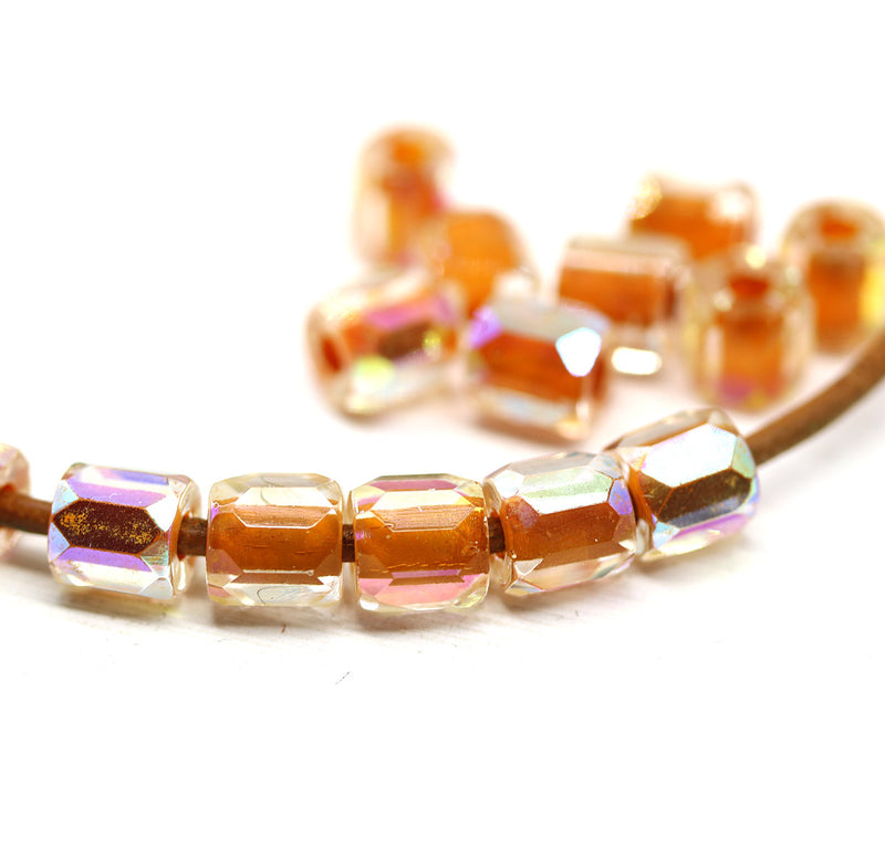 Dark orange czech glass fire polished barrel beads big hole 15pc