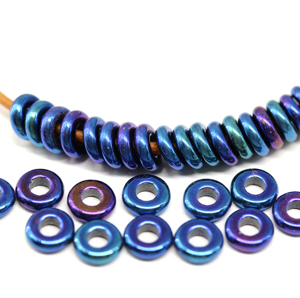 8mm Blue metallic Czech glass ring beads, 3mm hole - 30Pc