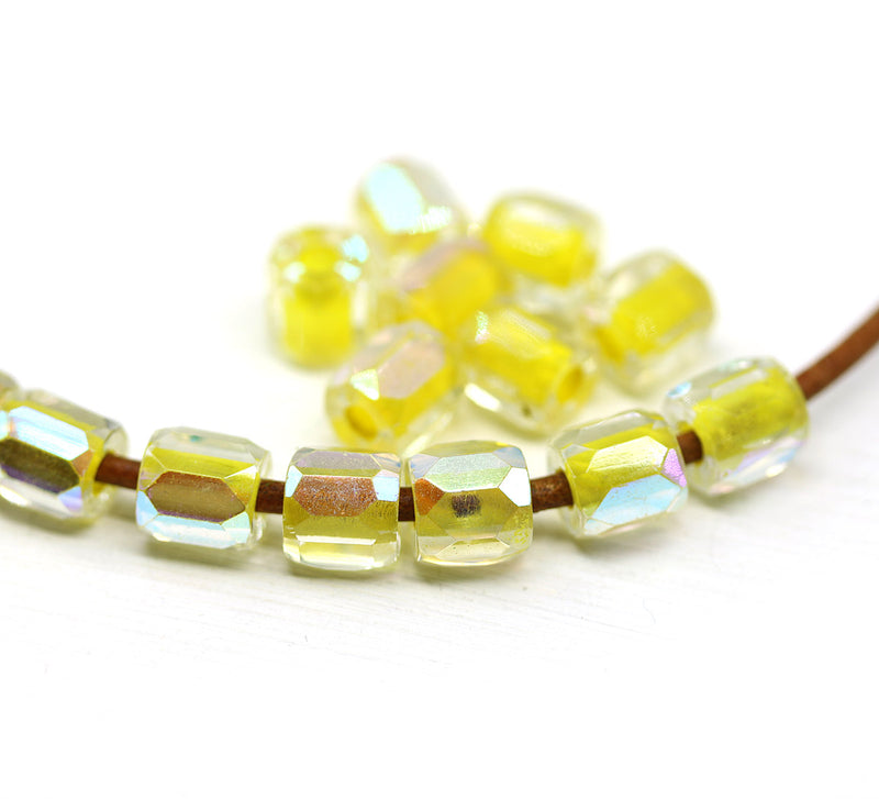 Bright yellow czech glass fire polished barrel beads big hole 15pc